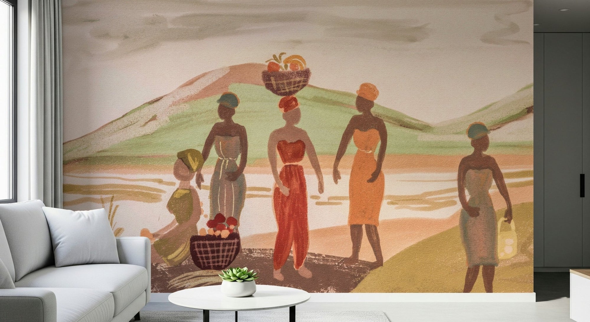 Full living room wall showcasing the dramatic and beautiful wallpaper mural installation., GD6017