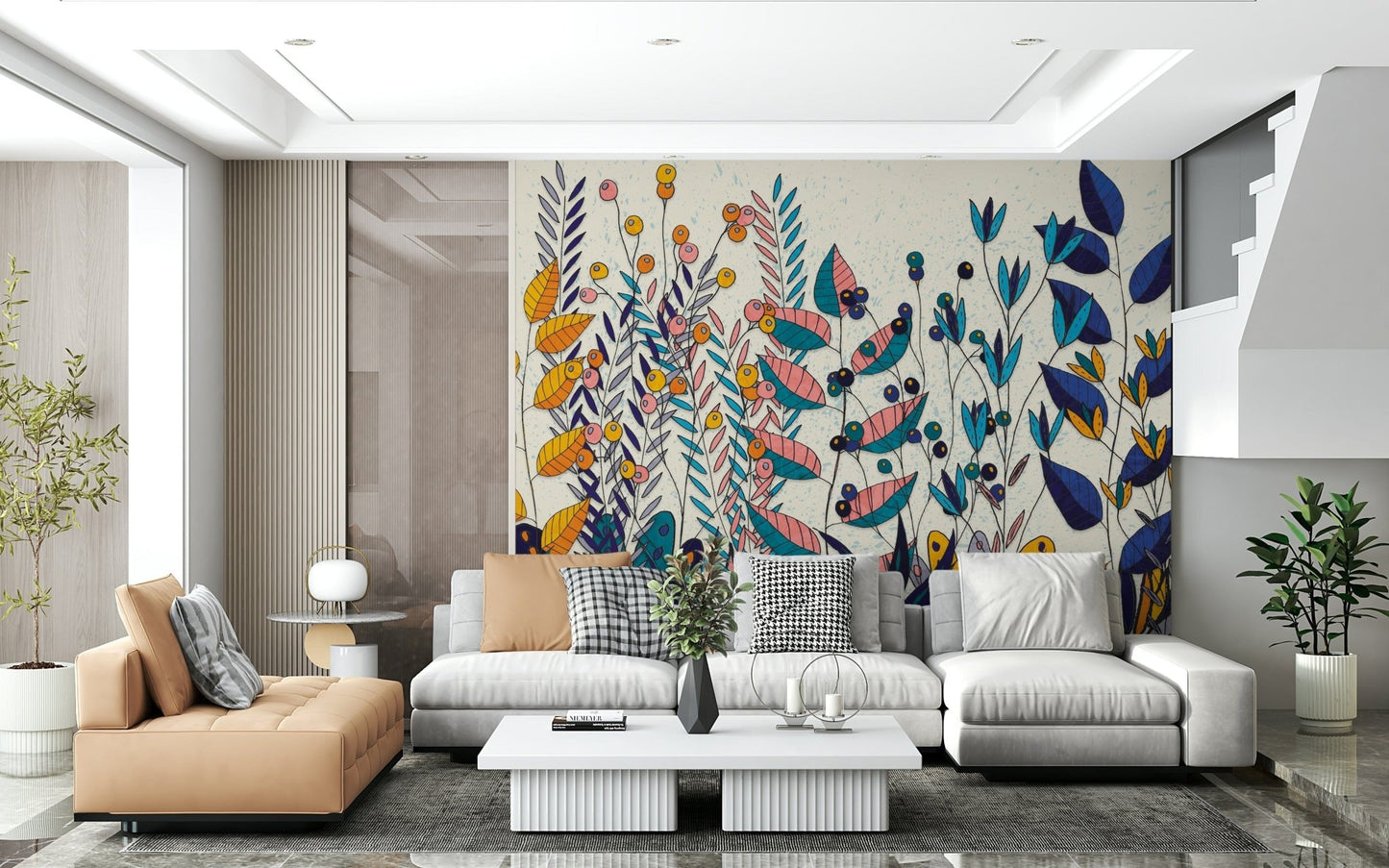 A graceful subtle pattern wall mural in bright, bold tones.