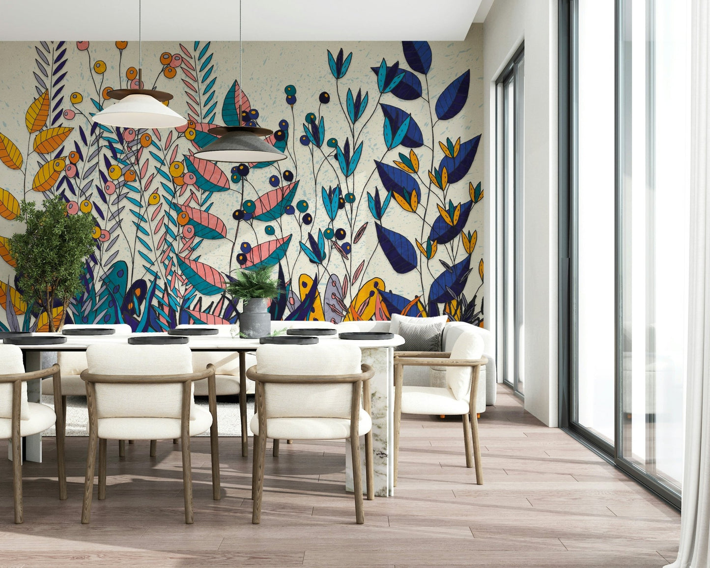 An artistic lush foliage mural on statement wallpaper.