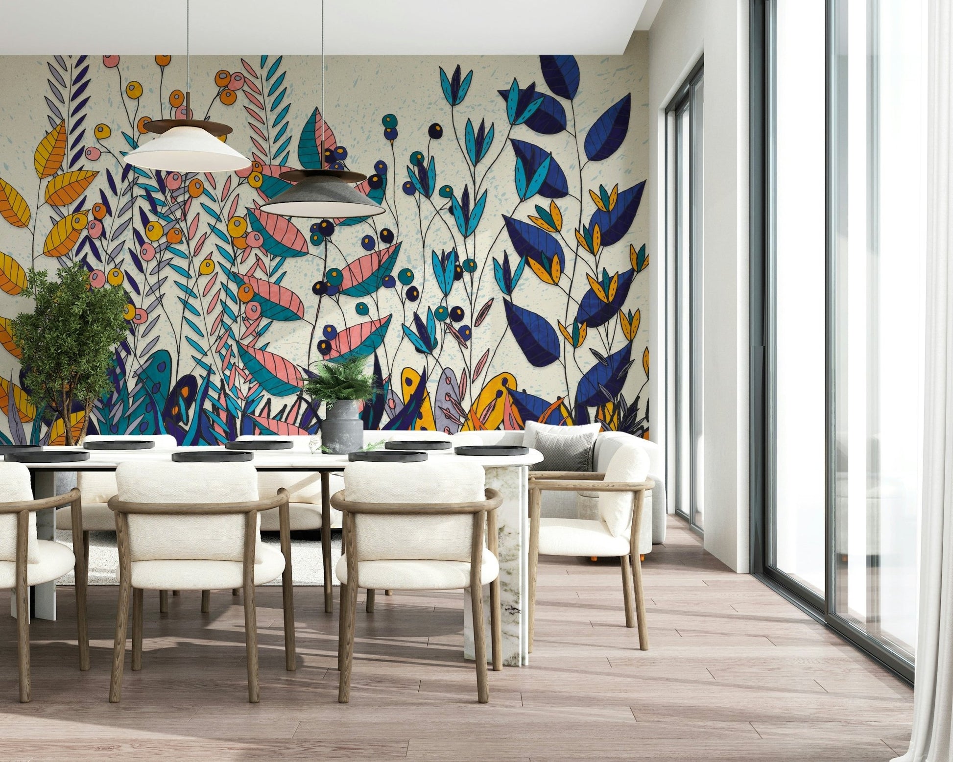 An artistic lush foliage mural on statement wallpaper.