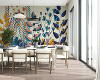 An artistic lush foliage mural on statement wallpaper.