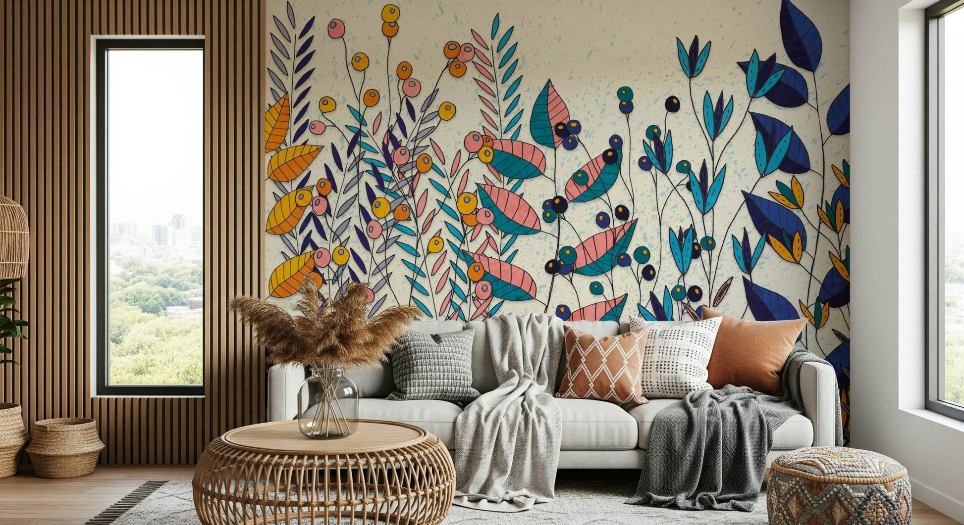 A contemplative flower and leaf wallpaper mural for a feature wall.