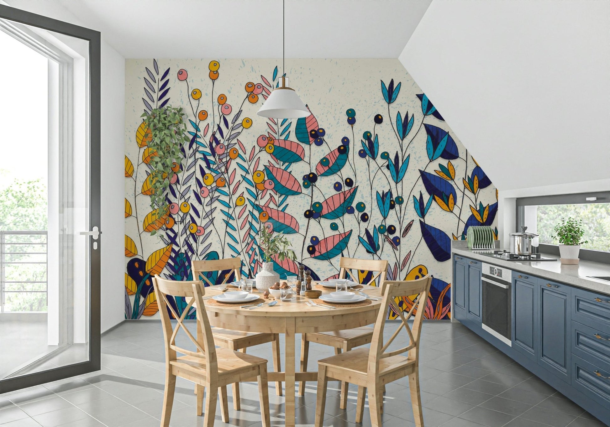 A beautiful modern art wall mural of playful flowers.