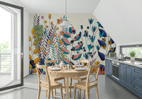 A beautiful modern art wall mural of playful flowers.