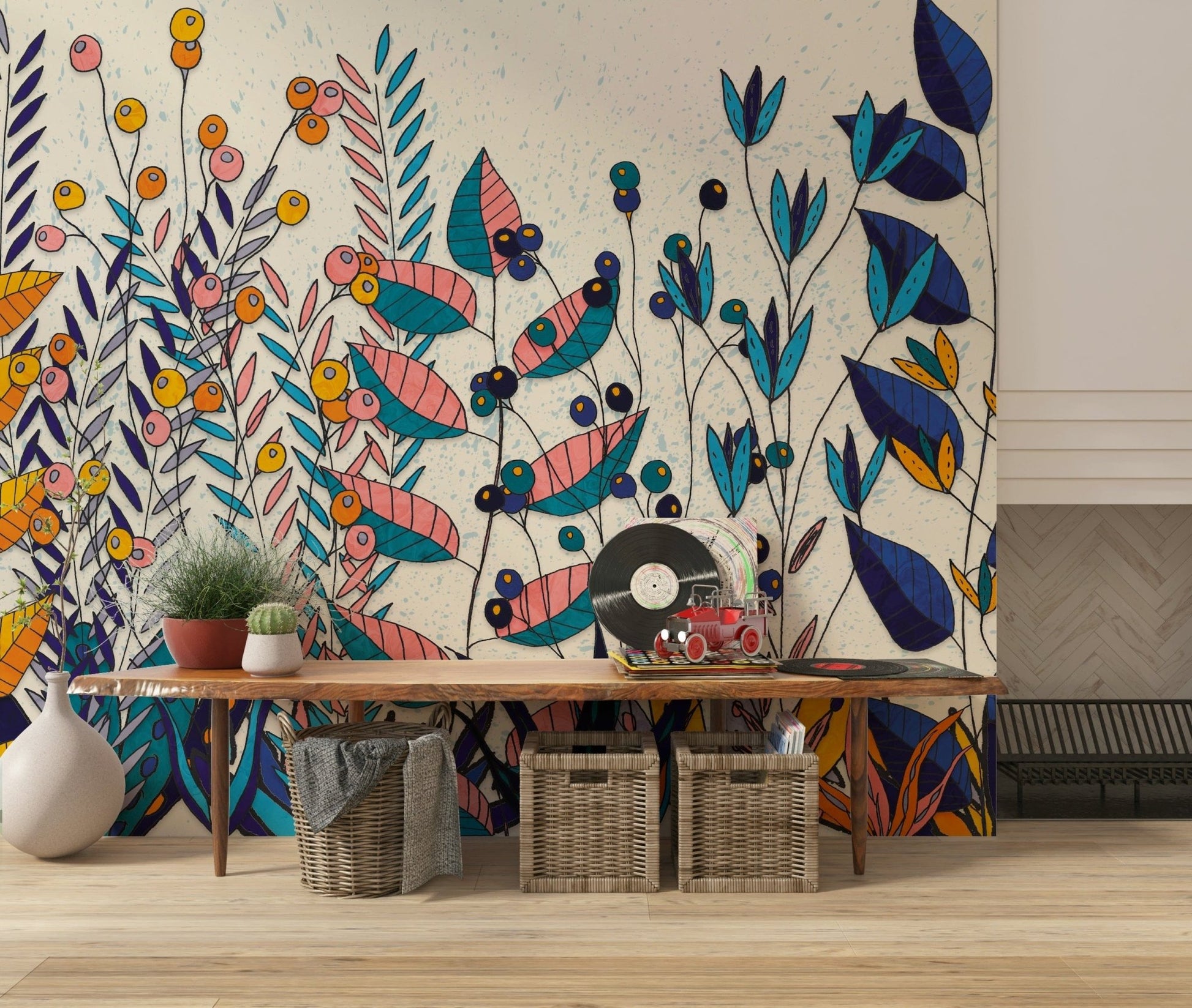 A peaceful botanical design mural on decorative wallpaper.