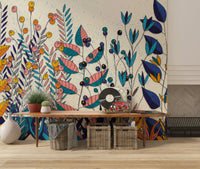 A peaceful botanical design mural on decorative wallpaper.