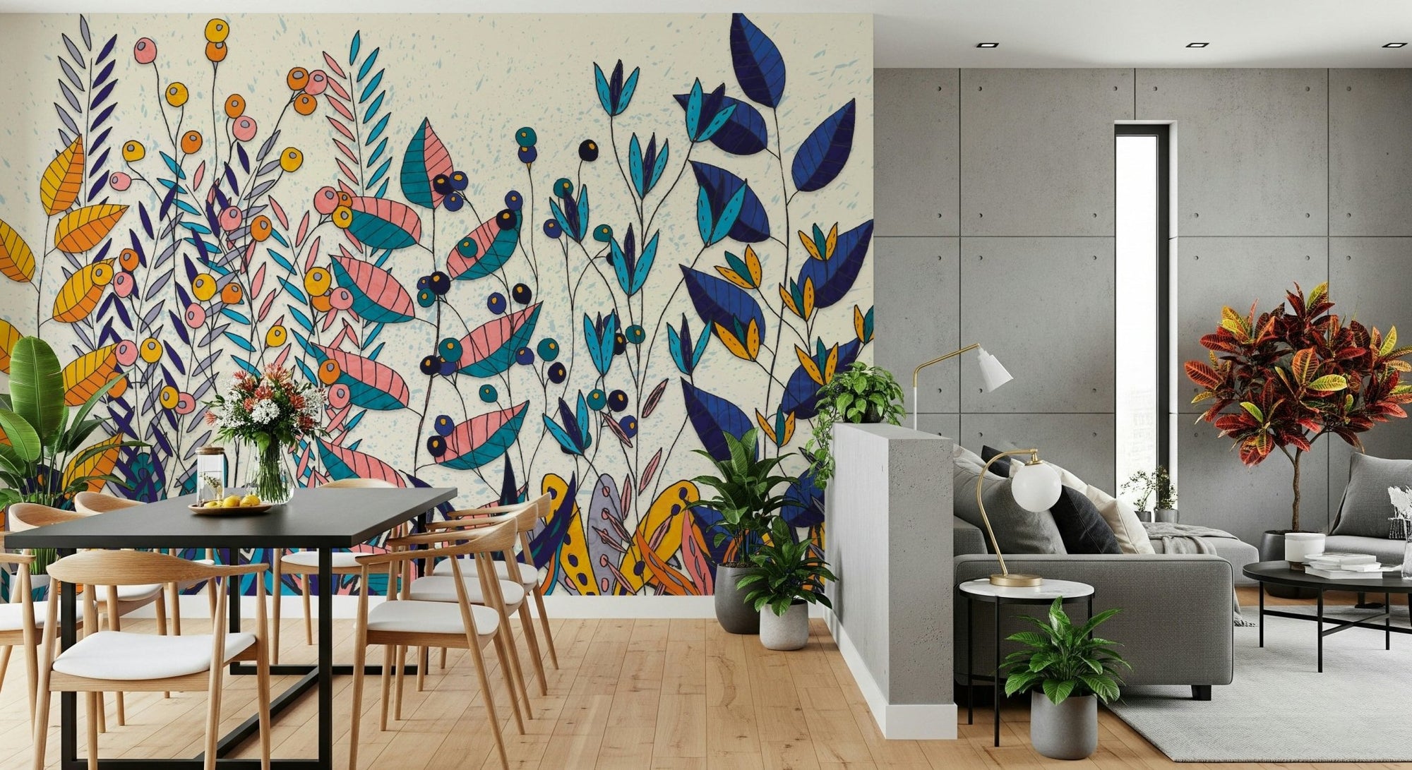 A beautiful eclectic floral wallpaper mural with bold, vibrant colors and mixed patterns., GD5669