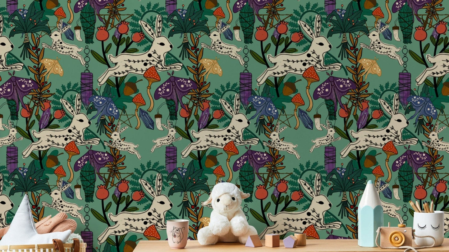 Mystical green forest wallpaper with rabbits
