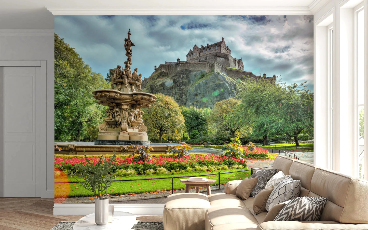 Hallway wall with Edinburgh Castle View wall mural and scenic castle landscape