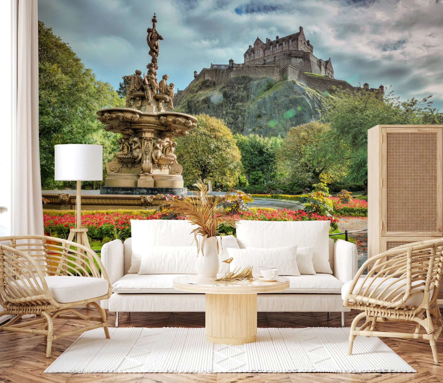 Hallway featuring Edinburgh Castle View wall mural and historic stone fortress