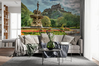 Living room with Edinburgh Castle View wall mural and hilltop castle scene