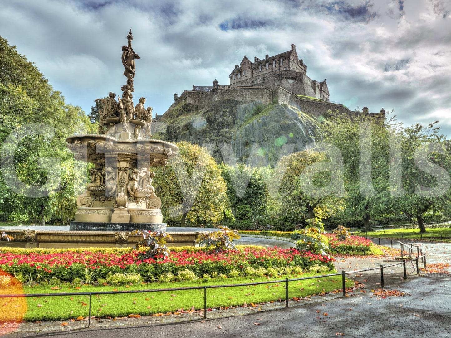 Scenic Edinburgh Castle View wall mural with garden flowers and stone walls