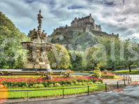 Scenic Edinburgh Castle View wall mural with garden flowers and stone walls