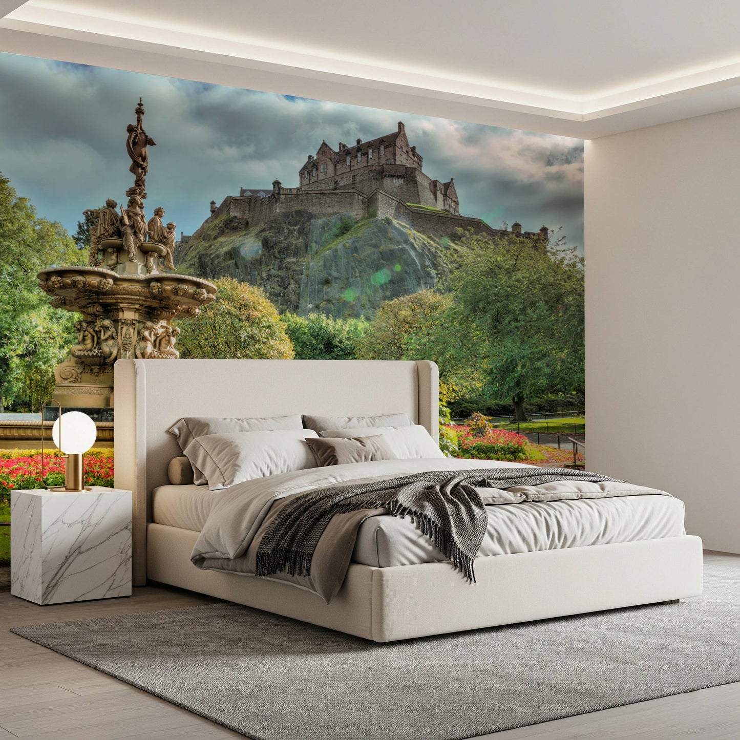Edinburgh Castle View wall mural with ornate fountain and castle on the hill