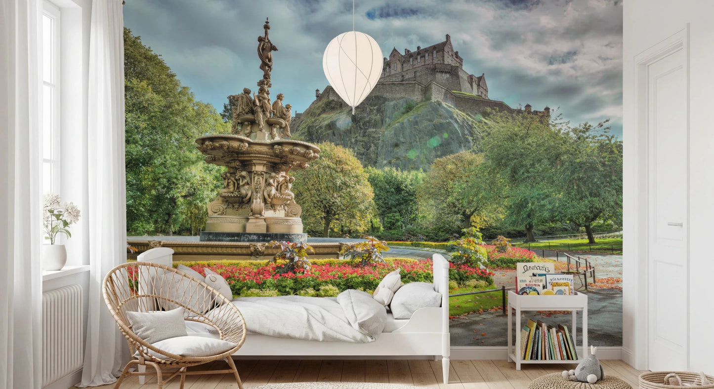 Travel-inspired Edinburgh Castle View wall mural with lush park greenery
