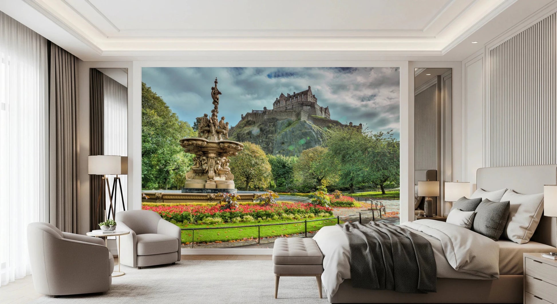 Architectural Edinburgh Castle View wall mural with castle detail and fountain