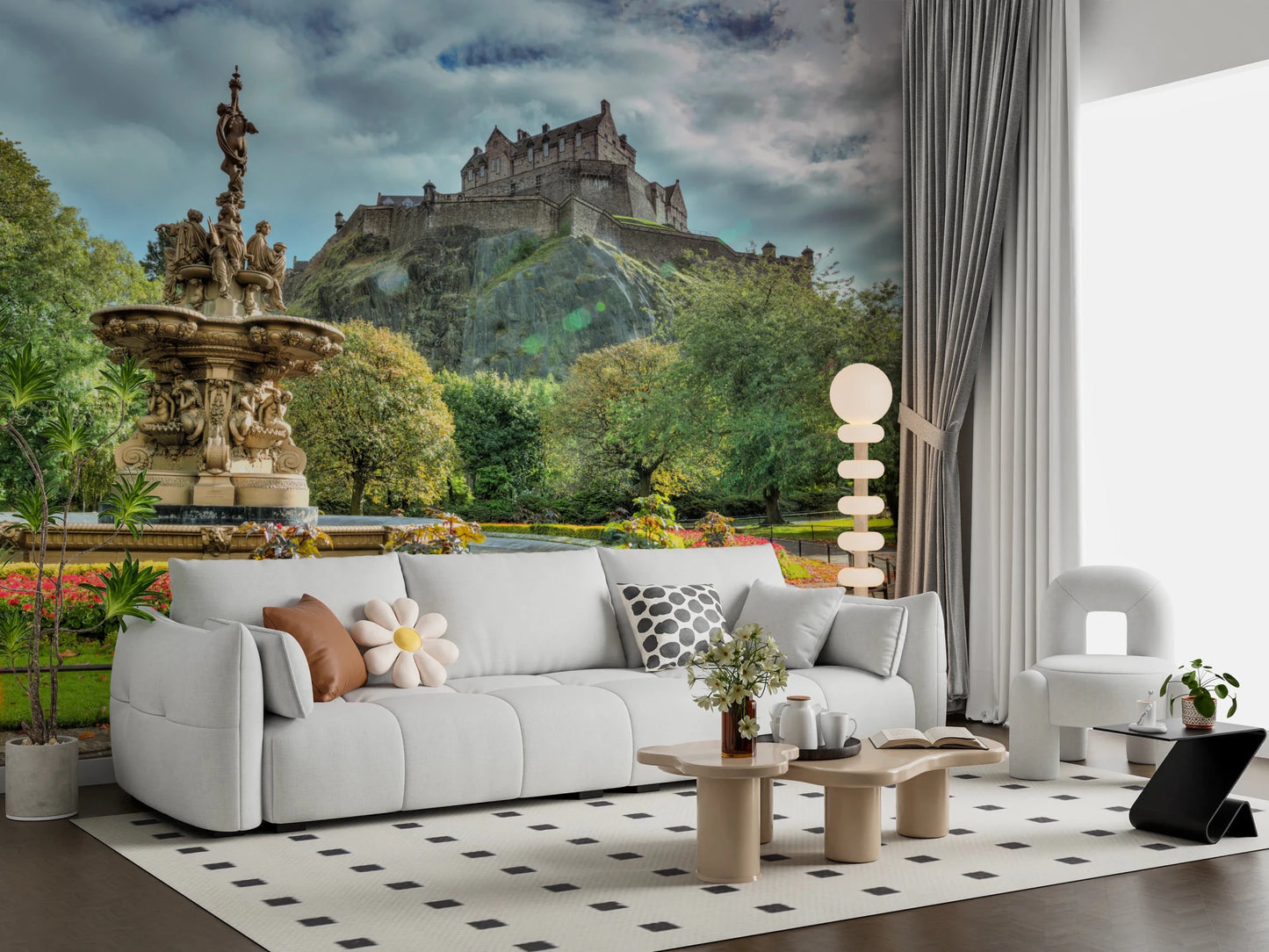 Edinburgh Castle View wall mural in green gray beige red and blue tones