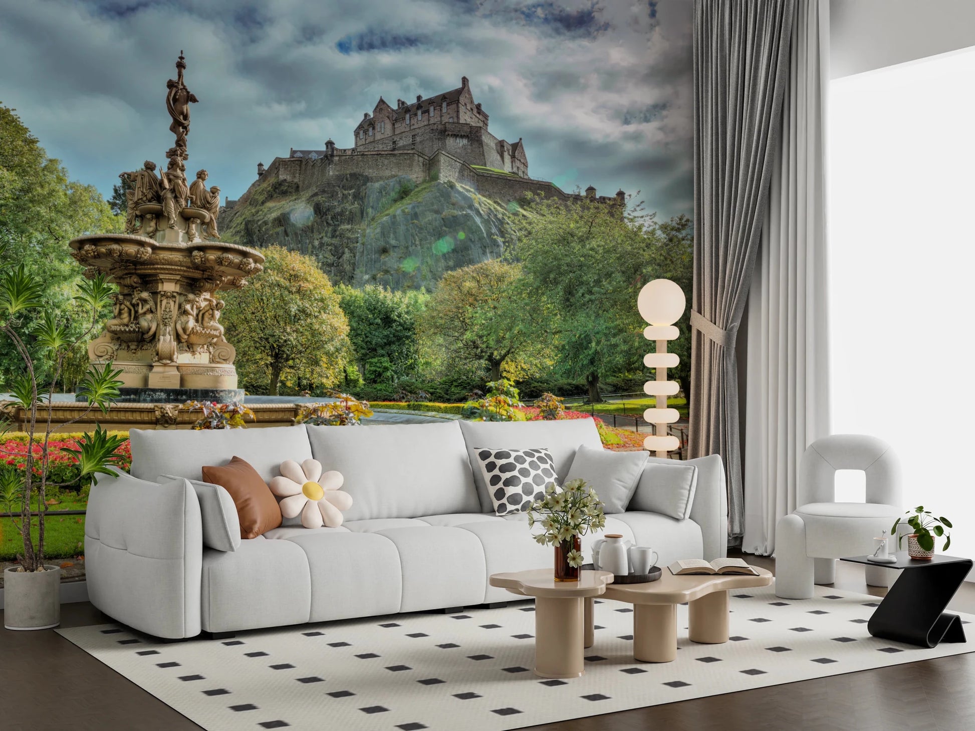 Edinburgh Castle View wall mural in green gray beige red and blue tones