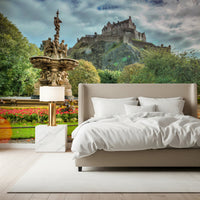 Bedroom styled in Edinburgh Castle View wall mural with fountain and gardens
