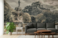 Sepia fountain Edinburgh Castle Vista Wall Mural, stunning black and white design.