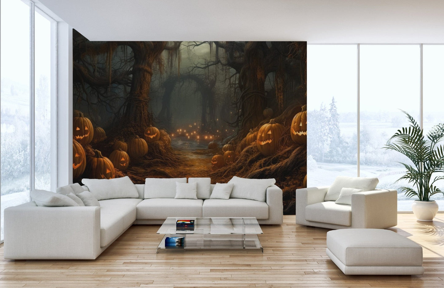 Eerie Pumpkin Forest night mural wallpaper