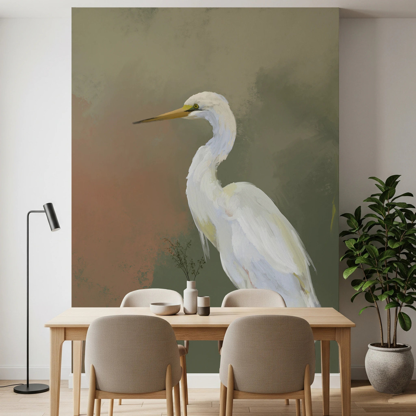 White egret bird wall mural for modern living room decor