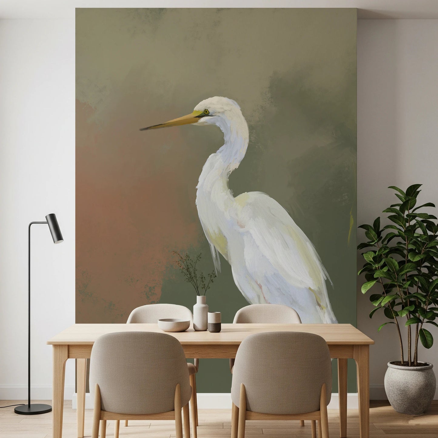 White egret bird wall mural for modern living room decor