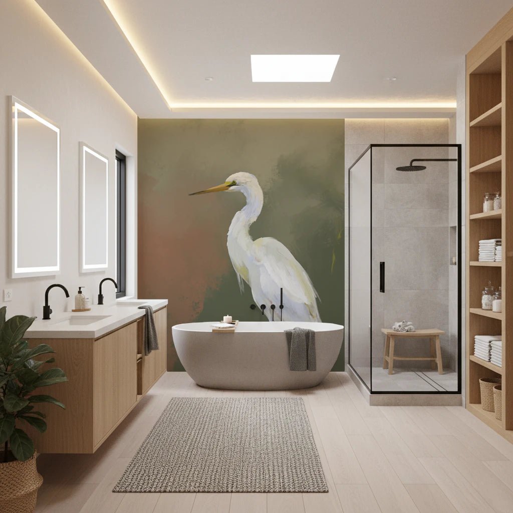 White egret bird wall mural with soft painted finish