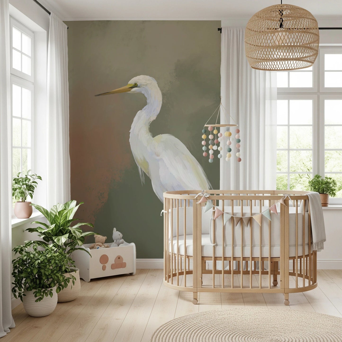 Bird themed wall mural showing elegant white egret