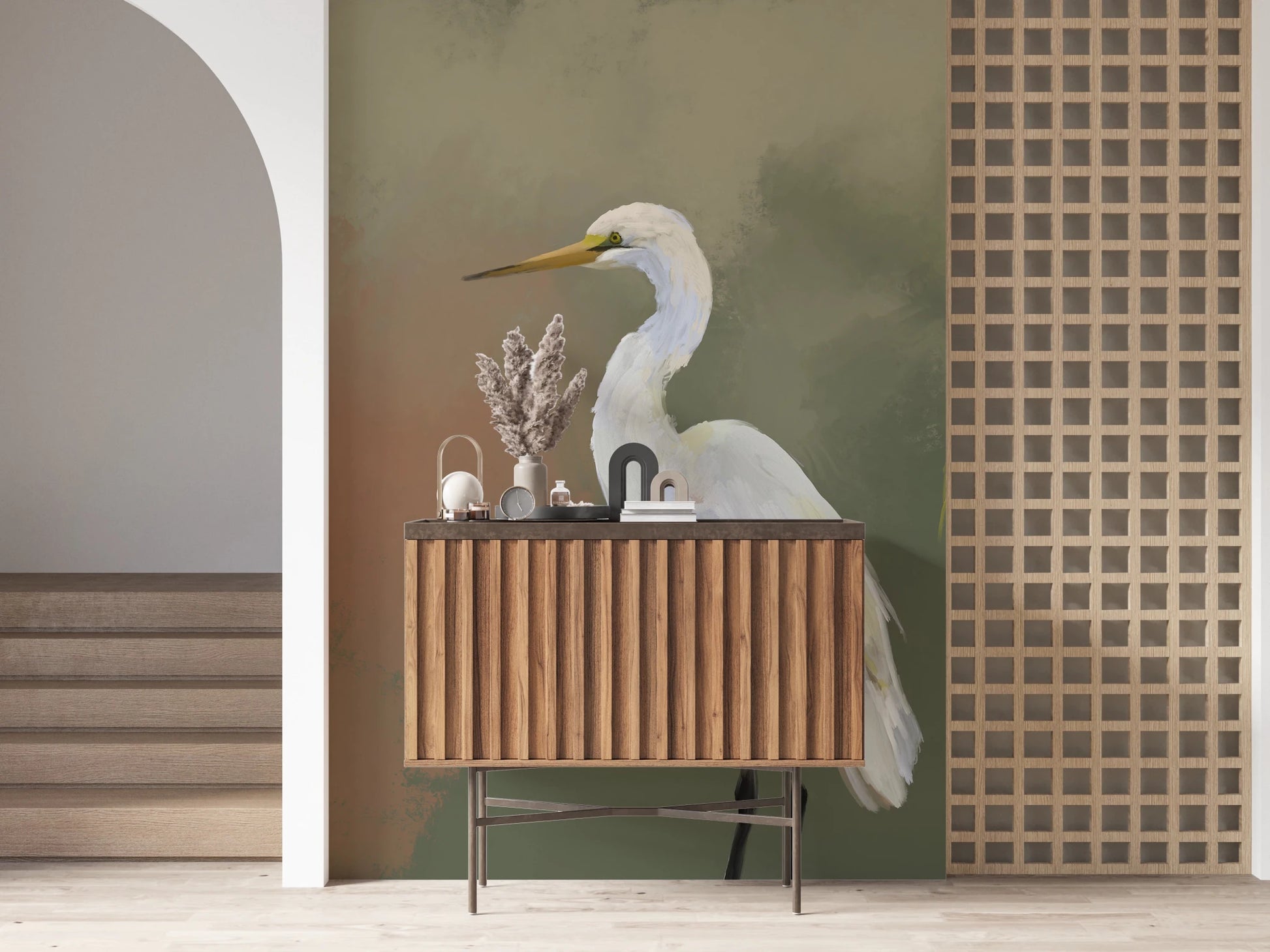 Bird wall mural for living room with elegant egret artwork