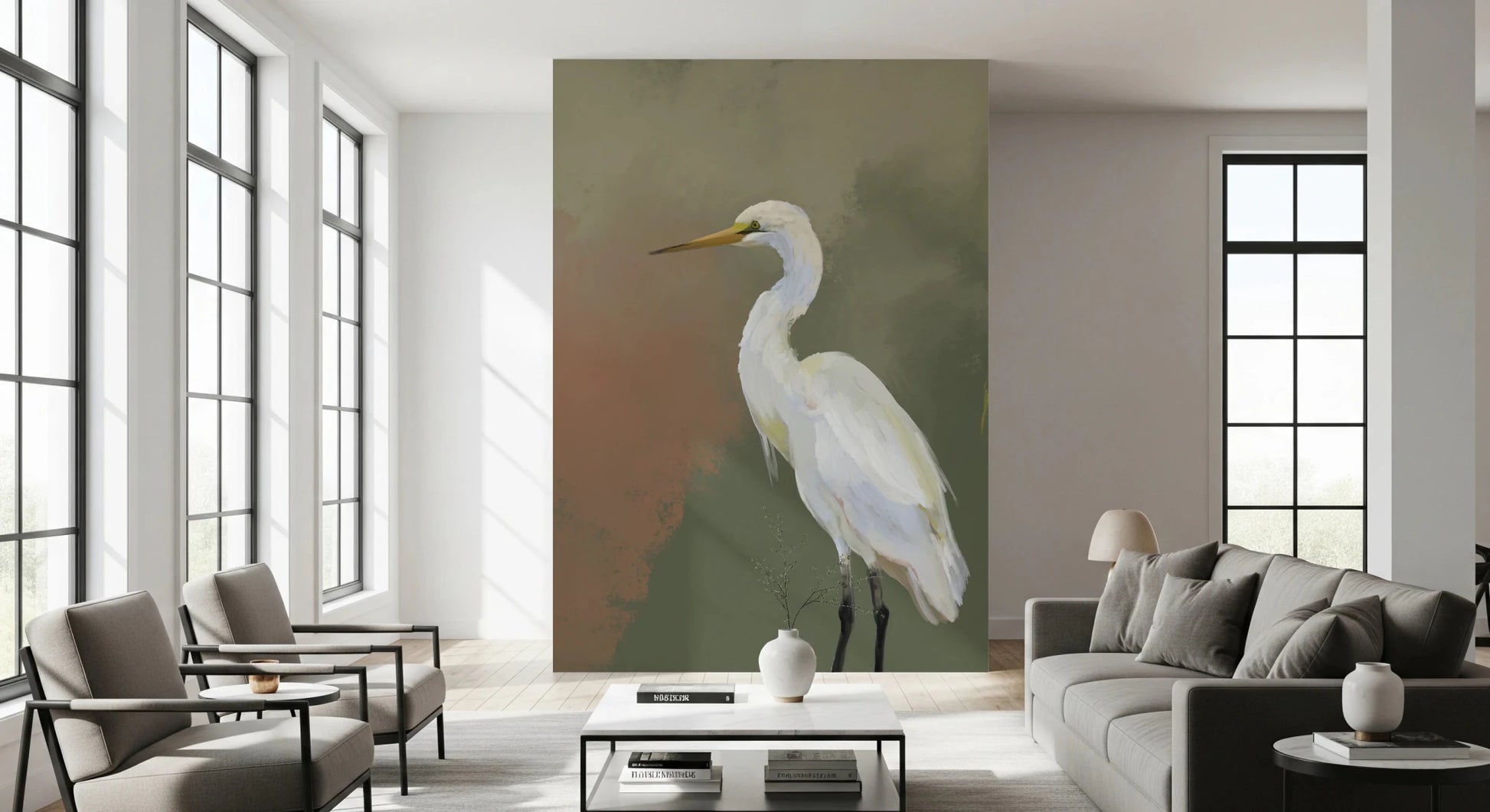 Egret Elegance Wall Mural with minimal bird illustration