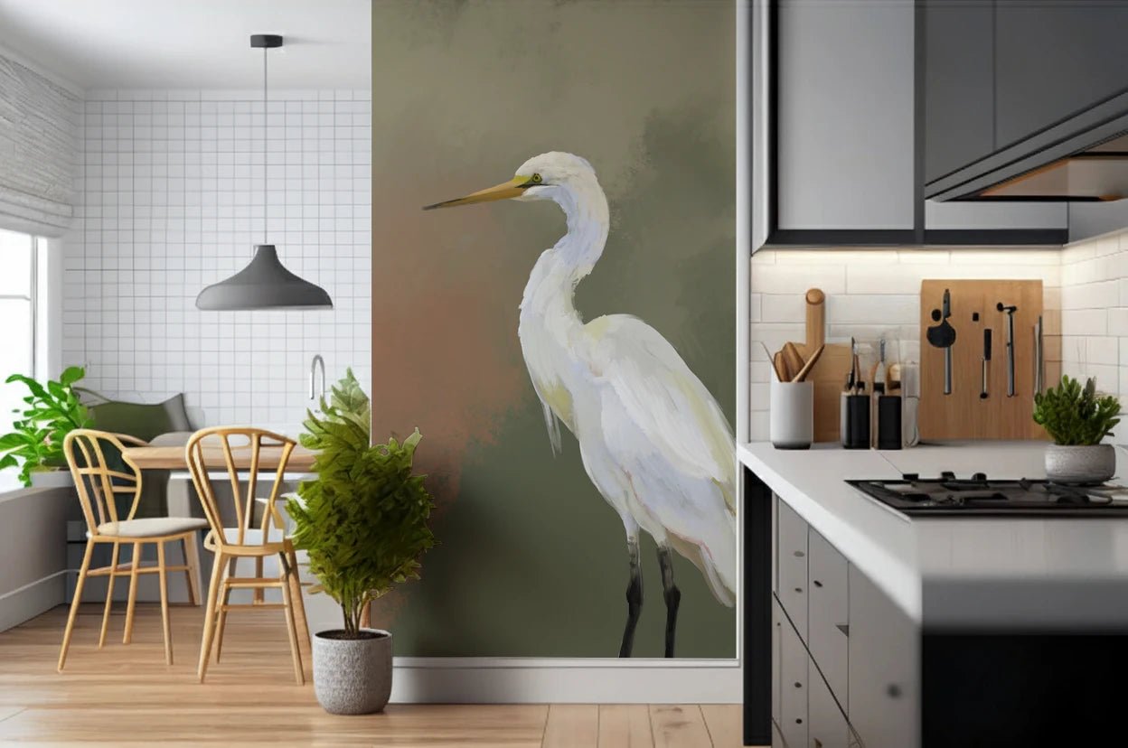 Egret Elegance Wall Mural with white bird on soft neutral background, GD8300