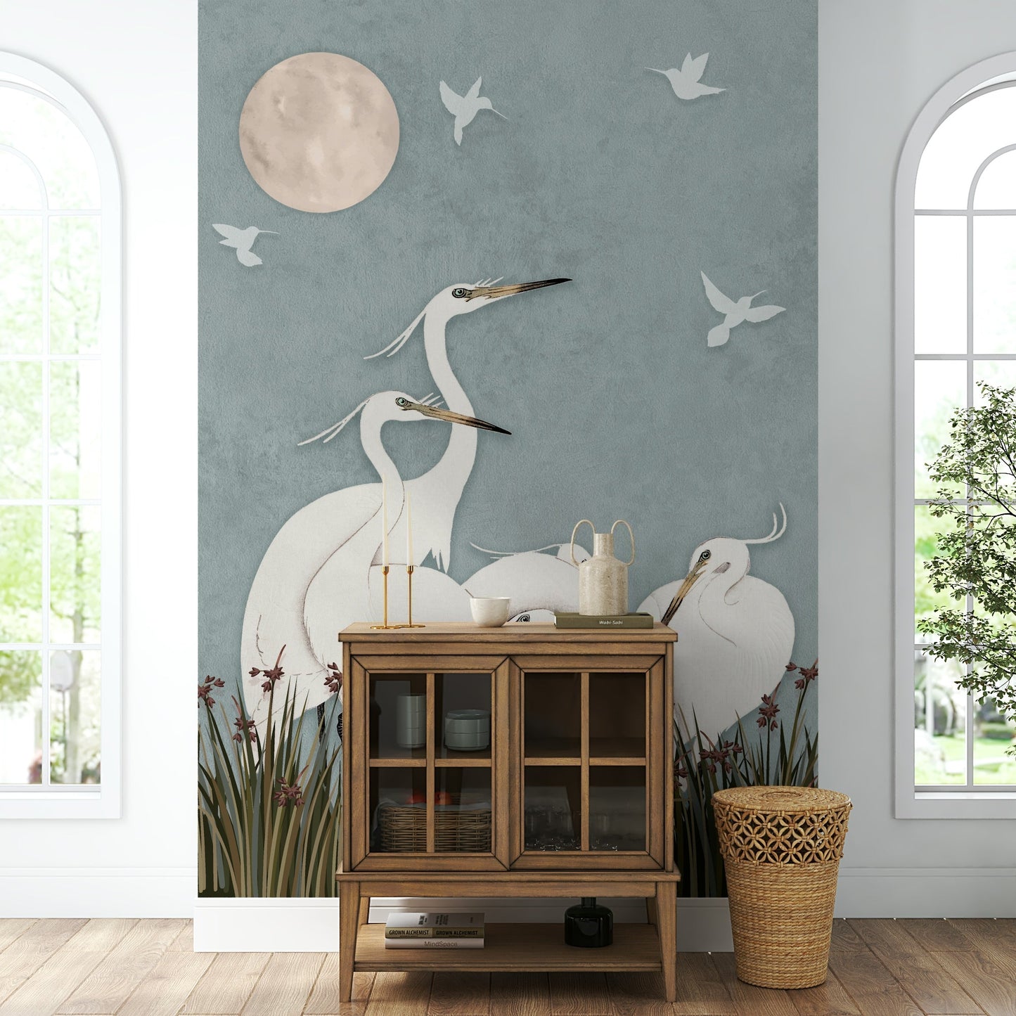 A peaceful wall mural with a soft, elegant design.

