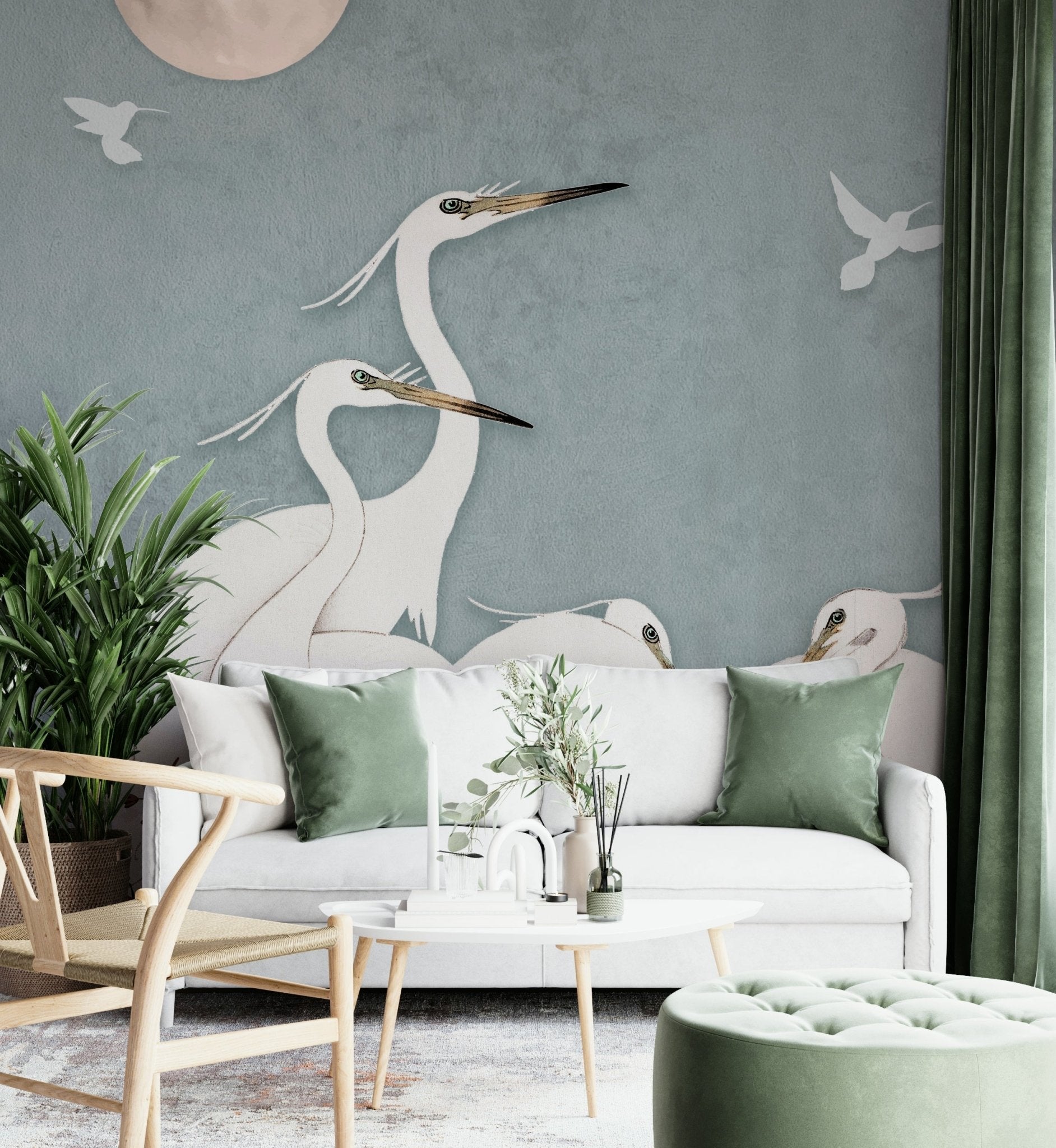 The design features a repeating pattern of graceful, egret shapes.

