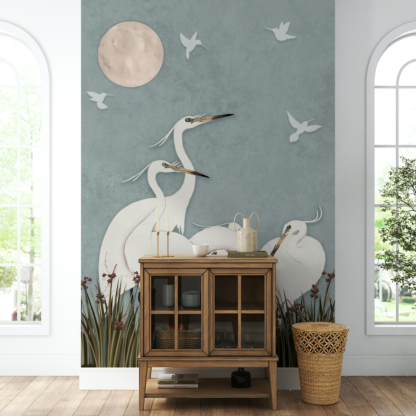 A peaceful wall mural with a soft, elegant design.

