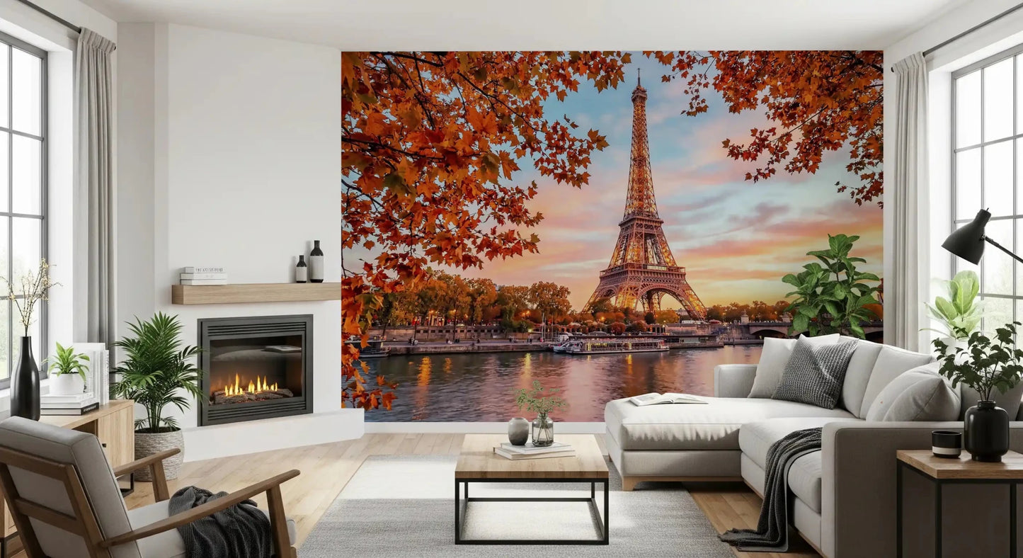 Hallway showing Eiffel Autumn Glow wall mural and autumn leaves