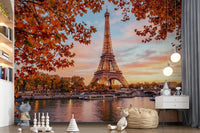 Autumn leaves frame Eiffel Autumn Glow wall mural beautifully