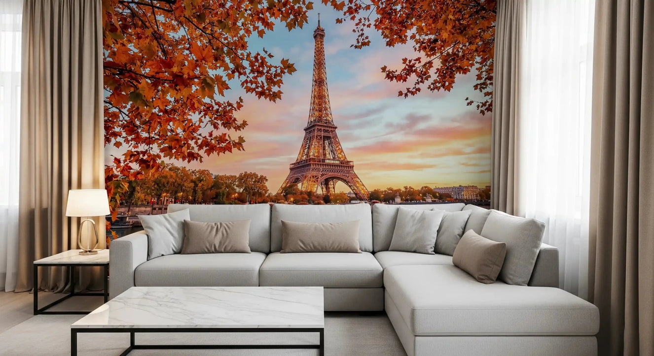 Living room with Eiffel Autumn Glow wall mural and sunset tower