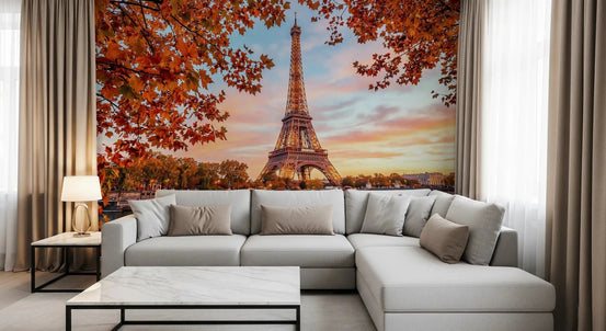 Living room with Eiffel Autumn Glow wall mural and sunset tower, GD9127