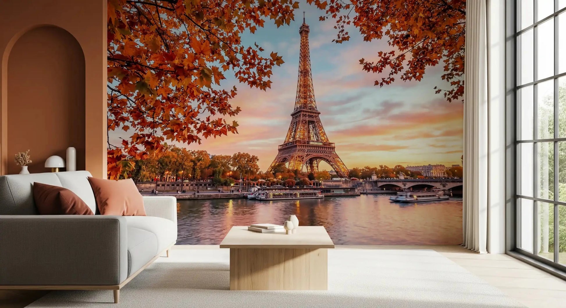 Warm orange foliage in Eiffel Autumn Glow wall mural design