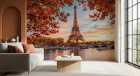 Warm orange foliage in Eiffel Autumn Glow wall mural design