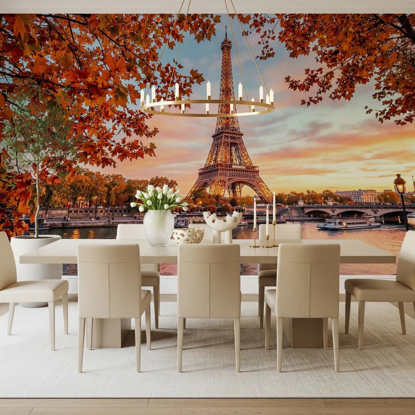 Dining room wall with Eiffel Autumn Glow wall mural in warm tones