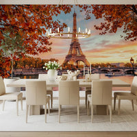 Dining room wall with Eiffel Autumn Glow wall mural in warm tones