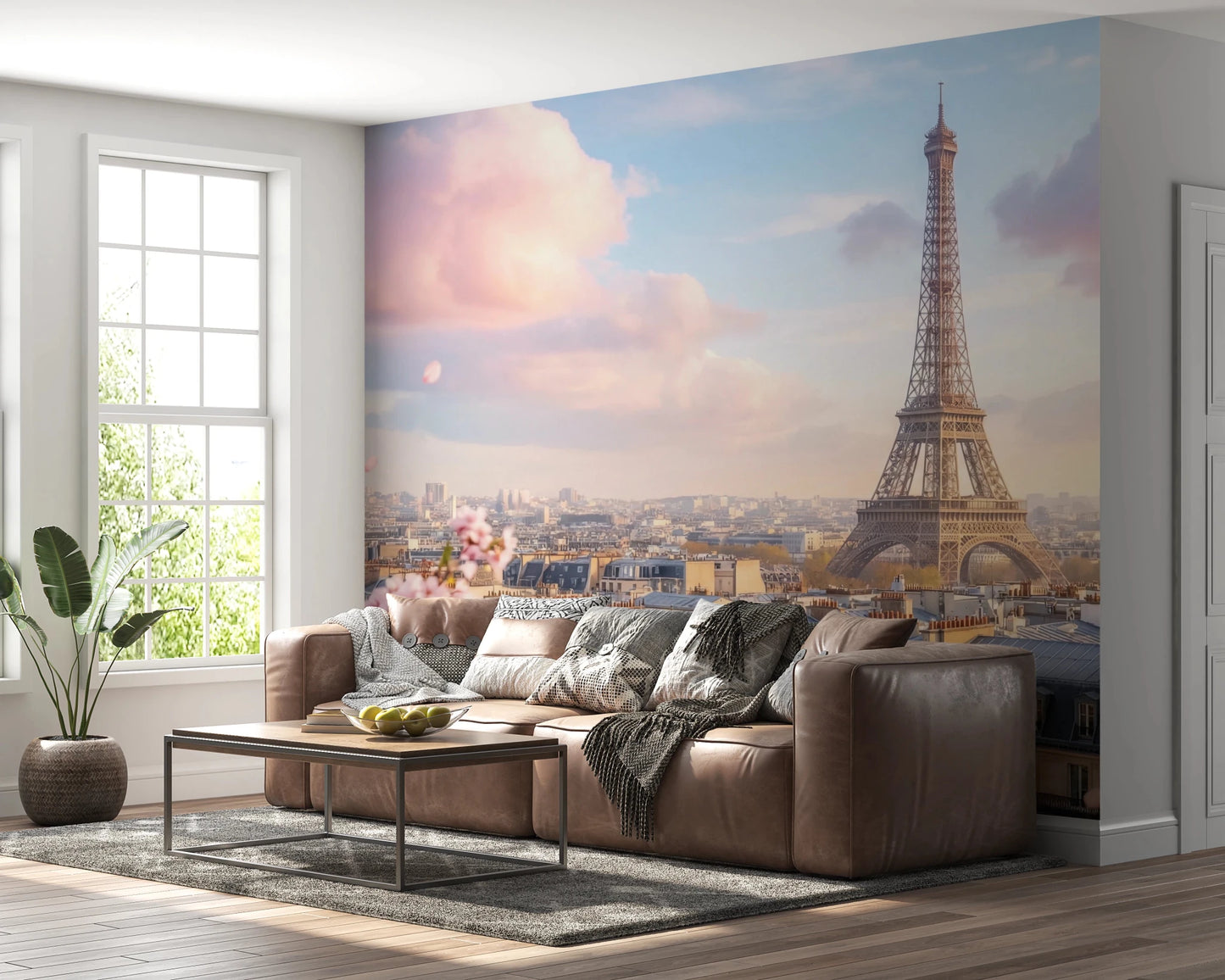 Living room finished with Eiffel Bloom Wall Mural and scenic tower view