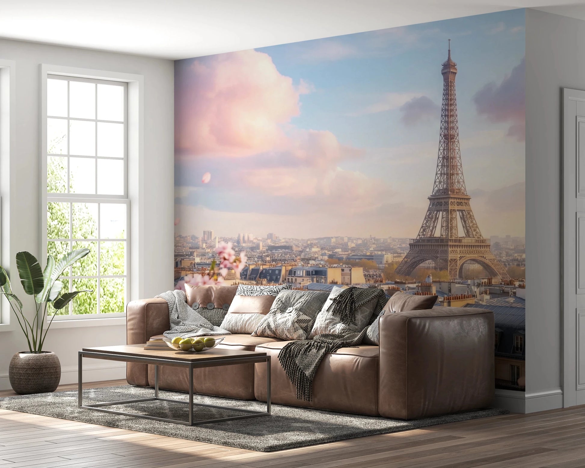 Living room finished with Eiffel Bloom Wall Mural and scenic tower view