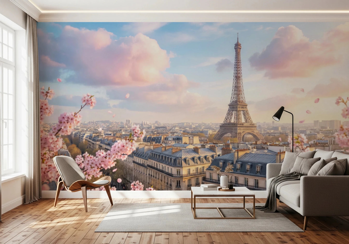 Warm living room featuring Eiffel Bloom Wall Mural with floral skyline detail
