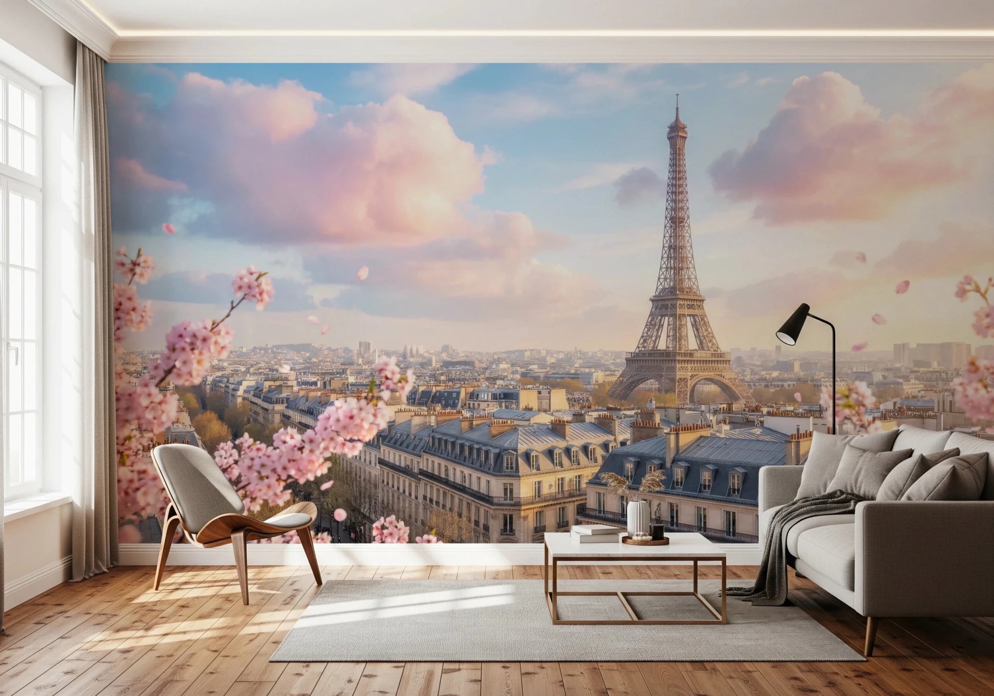 Warm living room featuring Eiffel Bloom Wall Mural with floral skyline detail