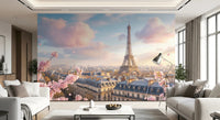 Elegant interior with Eiffel Bloom Wall Mural and blooming Paris cityscape