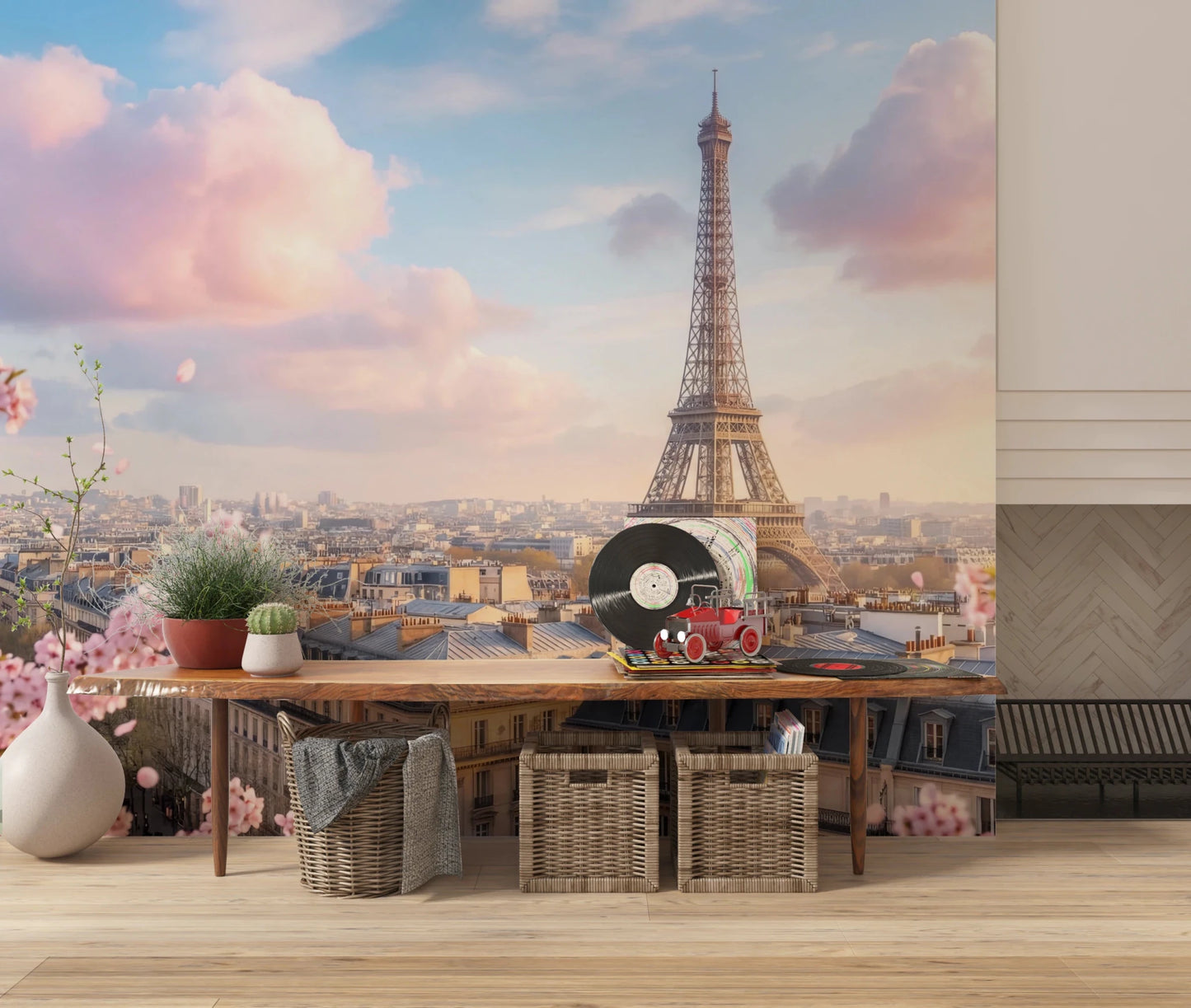 Living room corner backdrop with Eiffel Bloom Wall Mural and dreamy Eiffel Tower art