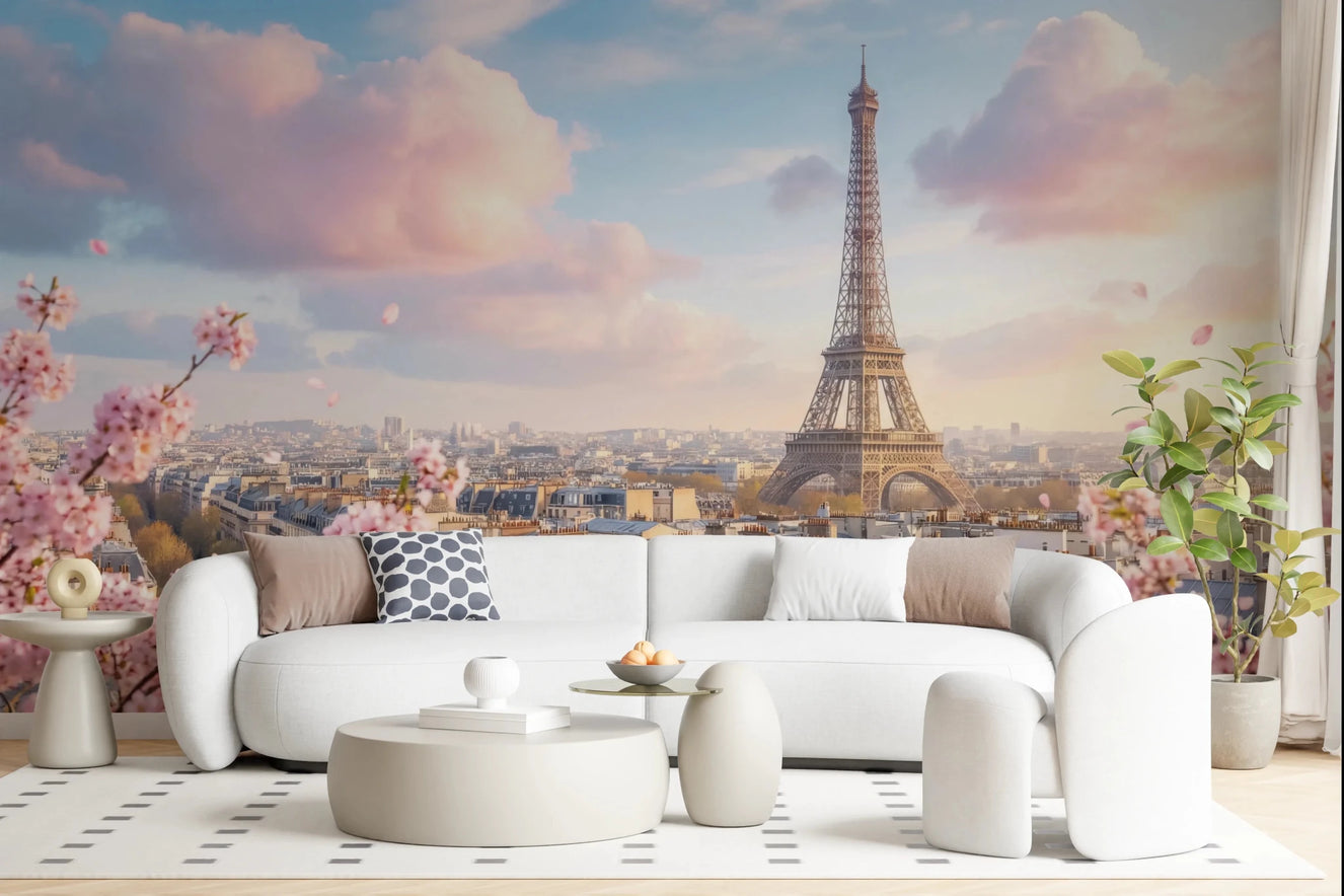 Living room styled with Eiffel Bloom Wall Mural and a soft Paris skyline view